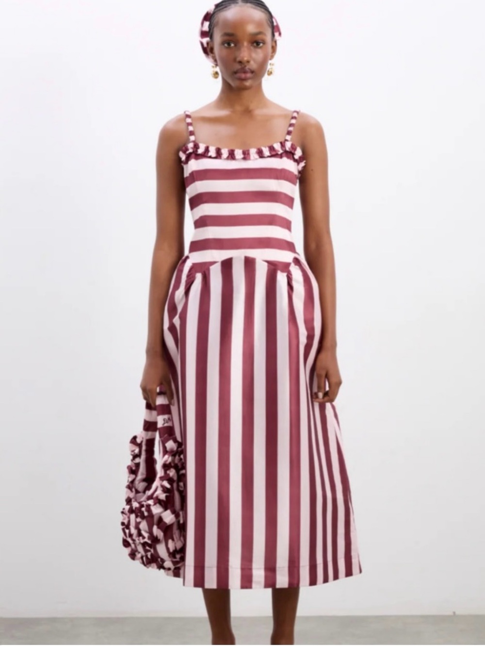 Striped Burgundy and White Midi Dress with Ruffle Trim